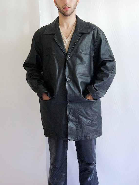 90's Leather Mid Coat Men Leather Coat Buttons Dow