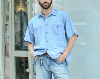 Vintage 80s Denim Blue Collared Shirt Unisex