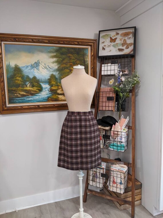 Vintage brown plaid skirt, vintage 60s A-line slit