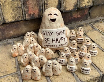 Ceramic Happiness Rock with smile, be happy or heart sign,  smile, love or be happy