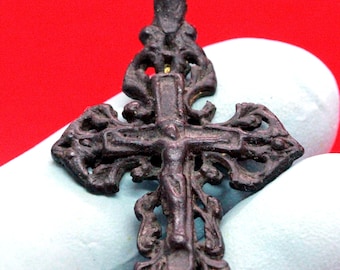 1900s Old Christian Orthodox Small Bronze Cross Crucifixion