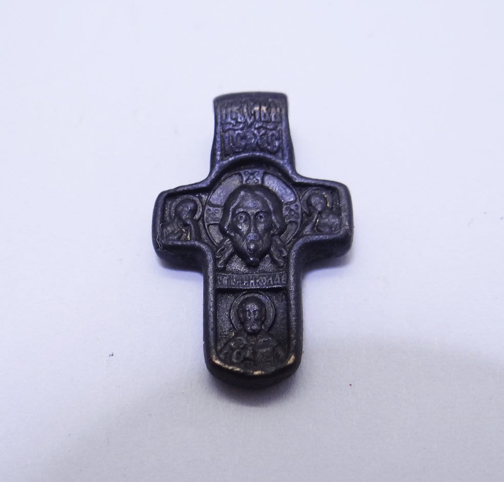 Small Old Europian Russian Orthodox Bronze Cross  Saints 19 AD