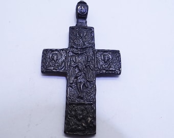 Altes Europäisches Russisch-Orthodoxes Bronze Kreuz Kruzifix und Heiligen 18/19 AD