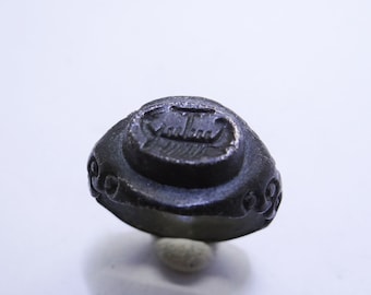 Antiker griechischer Silber Ring mit Galeere Schiff Boot 3/5 AD