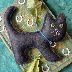 Lucky Black Cat felt, poppet, Good Luck, attracting good luck, Prosperity, Fortune, Weddings, Hand stitched, Hand made, vegan