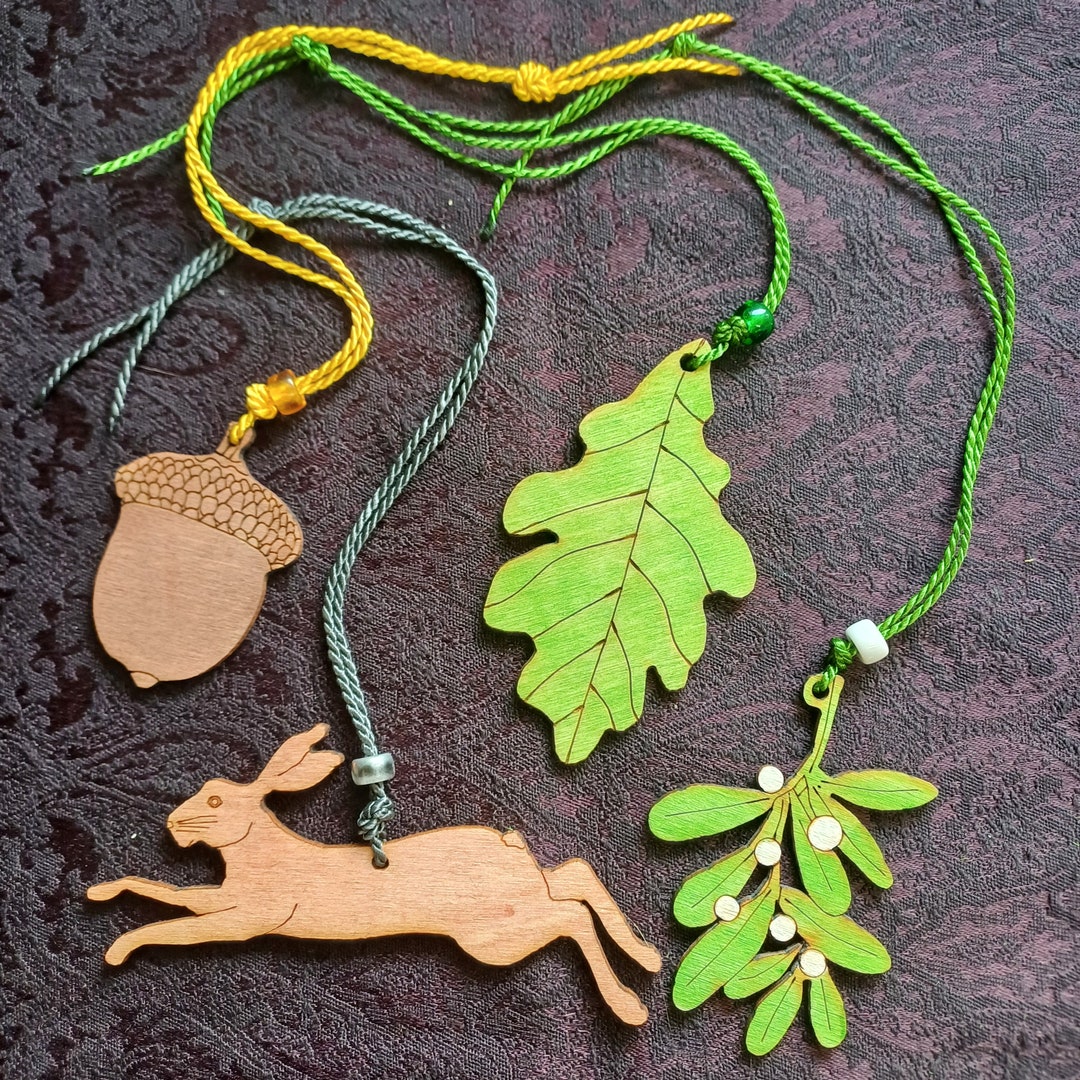 Set of Yule Decorations, Mistletoe, Oak Leaf, Acorn, Hare, Wicca