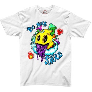 May include: White t-shirt with a cartoon smiley face with purple dripping sauce, mushrooms, and the text "Too Much Sauce".
