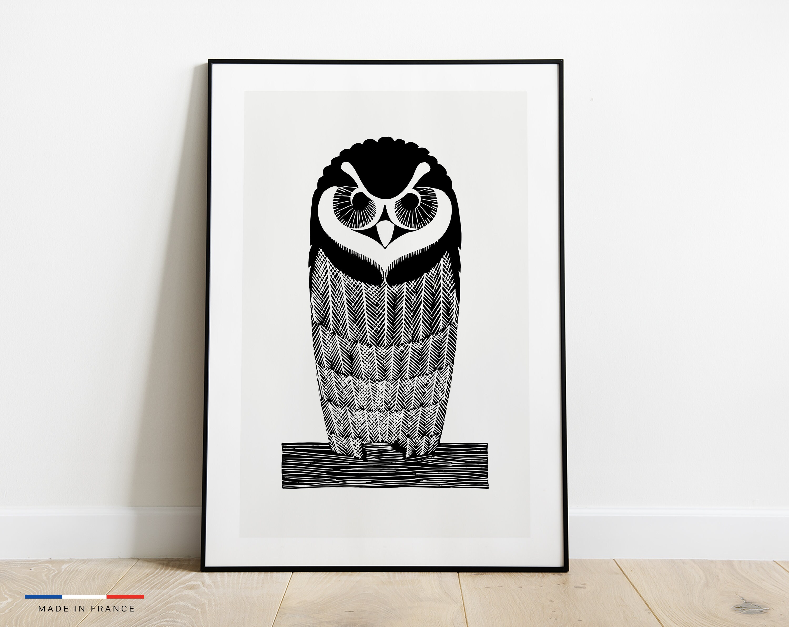 Affiche Illustration Chouette - Poster Vintage Noir et Blanc