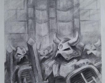 Nintendo Characters Pastel/Charcoal Art, framed