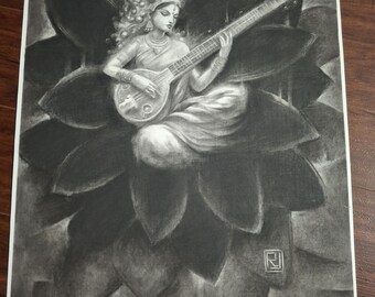 Hindu Charcoal Art, framed