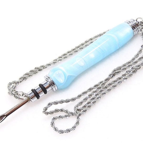 Seam Ripper Necklace w/ Stiletto Awl, Aqua Blue Topaz Pearl Swirl Acrylic, Handmade, Magnetic Detachable, Reversible, Unique Seamstress Gift