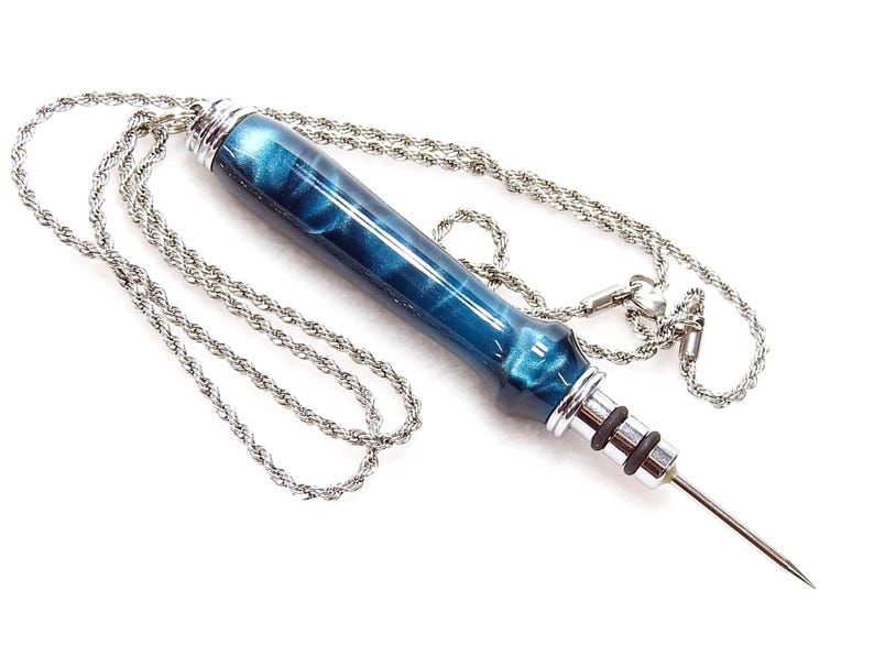 Emerald Ripper Seam Ripper Necklace W/ Stiletto (awl), Teal Emerald Green Swirl ...