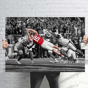 Puede incluir: Una impresión fotográfica en blanco y negro que muestra a un jugador de fútbol americano con una camiseta roja con el número 15 y la palabra INDIANA, lanzándose horizontalmente por el aire durante un partido, rodeado de otros jugadores y público.