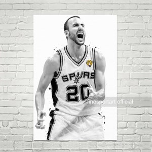 May include: Black and white illustration of a basketball player wearing a white jersey with the word "SPURS" and the number "20" on the front. The player is wearing a black headband and has a determined expression on his face. The background is white with black splatters of paint.