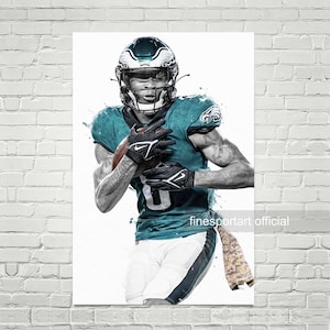 May include: A black and white digital illustration of an American football player wearing a green and white jersey with a white helmet. The player is holding a football and running with the ball. The background is white with a few splashes of color.