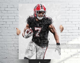 May include: A watercolor-style illustration of a football player wearing a black and red uniform with the number 7 on the front. The player is holding a football and has a determined expression on his face. The background is white with a splatter effect.