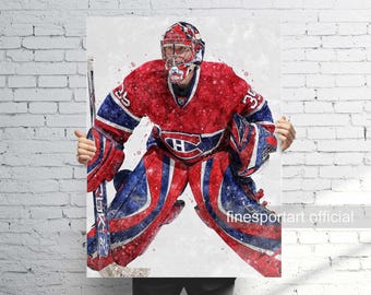 Pode incluir: Impressão em aquarela de um goleiro de hóquei em uniforme vermelho, branco e azul. O goleiro está usando capacete e protetores, segurando um taco de hóquei. O número 35 é visível na camisa. A imagem tem um efeito de tinta respingada.