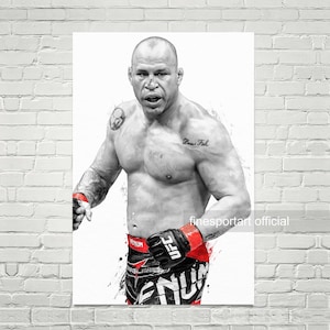Puede incluir: Una ilustración en blanco y negro de un luchador de artes marciales mixtas que lleva pantalones cortos de combate rojos y negros y guantes. El luchador tiene un tatuaje en el pecho que dice "Don't Feel".