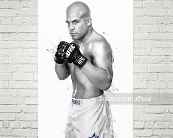 May include: Black and white photo of a mixed martial arts fighter wearing black UFC gloves and white shorts with a blue star logo. The fighter is standing in a fighting stance with a serious expression on his face. The background is a white watercolor wash.