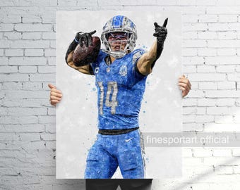 May include: A watercolor painting of an American football player wearing a blue and white uniform with the number 14 on the front. The player is holding a football in his left hand and has his right hand raised in the air. The background is a white watercolor wash.
