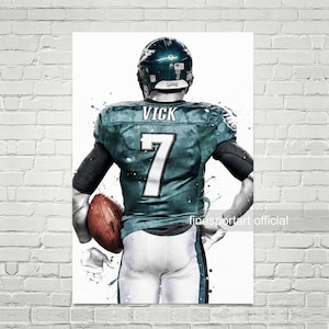 May include: A watercolor-style illustration of a football player wearing a green and white jersey with the number "7" and the name "VICK" on the back. The player is holding a football in his left hand and is looking away from the camera.