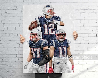 Tom Brady, Rob Gronkowski och Julian Edelman Patriots Poster, Canvas, Fotbollstavla, Sportväggkonst, Man Cave, Gåva