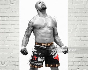 May include: Black and white photo of a man in fighting shorts. He is shirtless and has a determined expression on his face. The shorts are camouflage print with a red star and the text "RBP" and "Rolling Big Power" on them. The text "finestportart official" is also visible in the image.