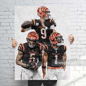Joe Burrow, Ja&#39;Marr Chase and Tee Higgins Cincinnati Poster, Canvas, Football print, Sports wall art, Man Cave, Gift
