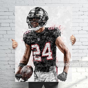 May include: A watercolour illustration of an American football player wearing a black jersey with the number 24 in red. The player is holding a football and has a determined expression on his face.