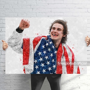 May include: Watercolor painting of a person draped in an American flag, celebrating with a raised fist. The flag's red and white stripes and blue field with white stars are prominently displayed. The image has a painterly style with a white brick background.