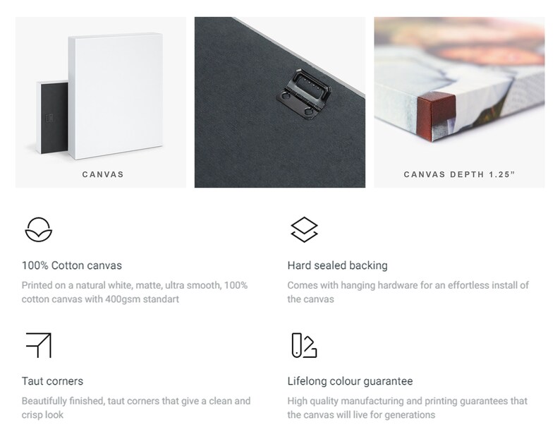 May include: A white canvas print with a depth of 1.25 inches. The canvas is printed on a natural white, matte, ultra smooth, 100% cotton canvas with a 400gsm standard. The canvas has a hard sealed backing and comes with hanging hardware for an effortless install. The corners are taut and beautifully finished, giving a clean and crisp look. The canvas is guaranteed to last for generations.