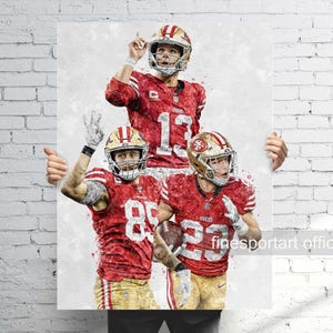 Póster de Christian McCaffrey, Brock Purdy y George Kittle de San Francisco, lienzo, impresión de fútbol, arte mural deportivo, cueva del hombre, regalo