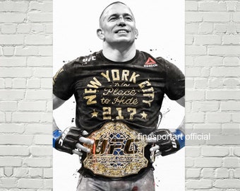 May include: A black and white illustration of a mixed martial arts fighter wearing a black t-shirt with the text "New York City No Place to Hide 217" and holding a UFC championship belt. The fighter is standing in a fighting stance with his arms raised.