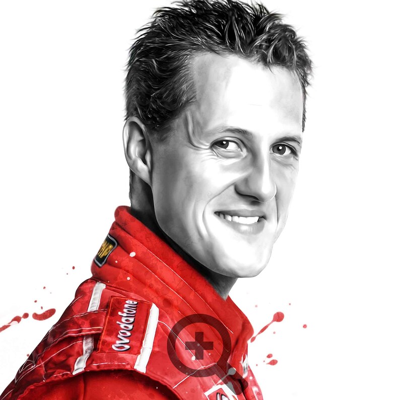 May include: A black and white portrait of a man wearing a red racing suit with the word "Vodafone" on the front. The background is white with red paint splatters.