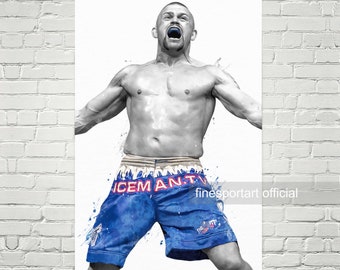 May include: A black and white illustration of a man wearing blue and white athletic shorts with the text "ICEMAN.TV" on the waistband. The man is raising his arms in the air and has a determined expression on his face.