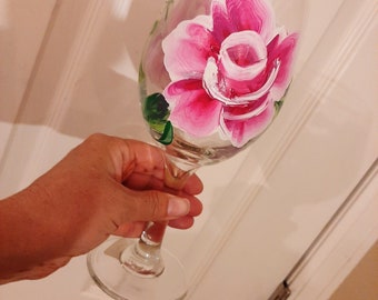 Wine Glass/ Handpainted Rose