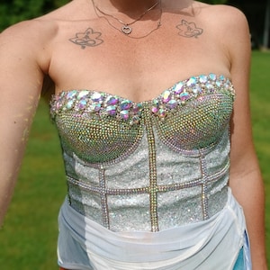 Suncatcher Iridescent Corset Top Strapless Sparkly Mirror Effect Rhinestone Glitter Rave Crop Top Burning Man Festival Top Size S Size XS