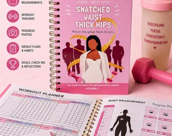 May include: A pink spiral-bound 90-day body transformation planner titled Snatched Waist Thick Hips with a measuring tape, a pink shaker bottle, and a pink dumbbell. The open planner displays workout tracking charts and body measurement diagrams.