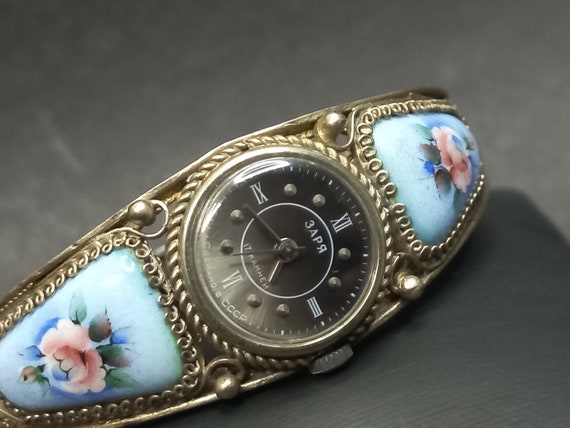 Soviet Vintage Wrist Watch Zaria, Porcelain Glaze… - image 2