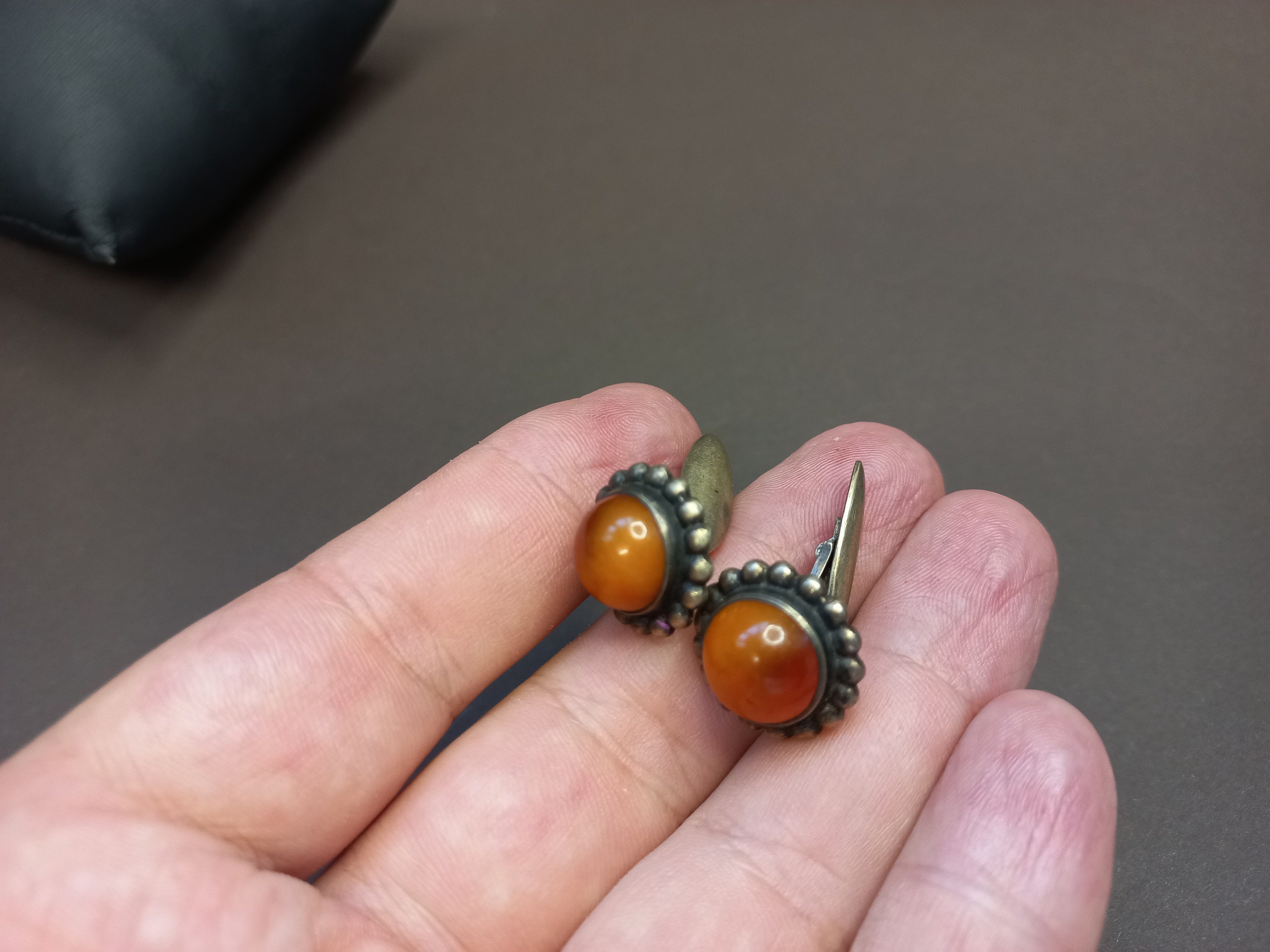 Boutons De Manchette Anciens En Argent 875 Et Ambre De La Baltique - Vintage - Fabriqués En Lituanie