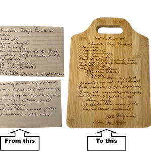 Personalized cutting board, custom cutting board, engraved cutting board, bamboo cutting board, recipe engraved, recipe scanned keepsake
