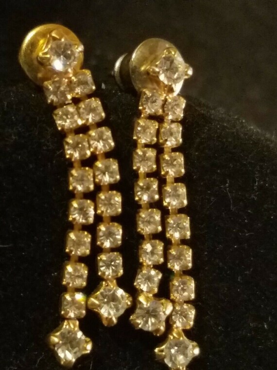 Vintage Earrings Gold Plate CZ Dangle Double Stran