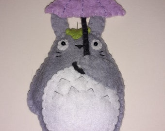 May include: A gray felt hanging ornament shaped like a creature with a white belly, holding a black umbrella with a purple canopy. A small green leaf sits on its head. The ornament is suspended by a thin brown twine loop attached to the top.