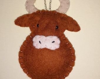 Handmade Felt Highland Coo Cow Hanging Decoration (Made to Order)
