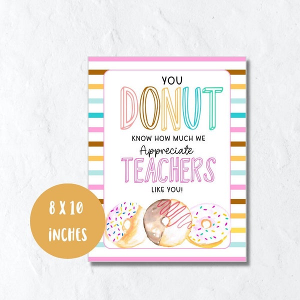 Teacher appreciation sign, donut know how much we appreciate you, teacher appreciation week, printable table sign, party print 8x10 sign