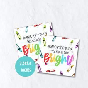 Druckbare Lehrer Anerkennung Woche Geschenkanhänger, danke für die Herstellung dieses Schuljahres hell, Crayon Geschenkanhänger, quadratischer Geschenkanhänger zum digitalen Download