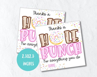 Donut teacher appreciation gift tag printable, Thanks a hole bunch gift tag digital download square gift tag