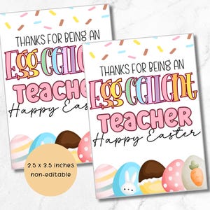 Peut inclure: Deux étiquettes cadeaux imprimables avec un motif d'œuf de Pâques coloré. Le texte sur les étiquettes est "Merci d'être un excellent professeur Joyeuses Pâques". Les étiquettes mesurent 2,5 x 3,5 pouces et ne sont pas modifiables.