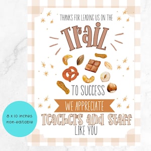 Könnte beinhalten: Eine druckbare Dankeskarte im Format 20,3 x 25,4 cm für Lehrer und Mitarbeiter. Die Karte hat einen braunen und weißen karierten Hintergrund mit einem weißen Rand. Der Text lautet "Danke, dass Sie uns auf dem Weg zum Erfolg geführt haben. Wir schätzen Lehrer und Mitarbeiter wie Sie." Die Karte ist mit verschiedenen Nüssen, Brezeln und Schokolade verziert.
