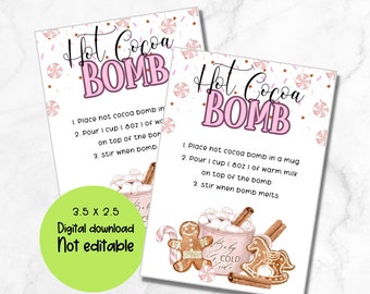 Printable christmas tag, hot chocolate bomb tag, hot cocoa tag, pink Christmas gift tag, digital download, christmas printable